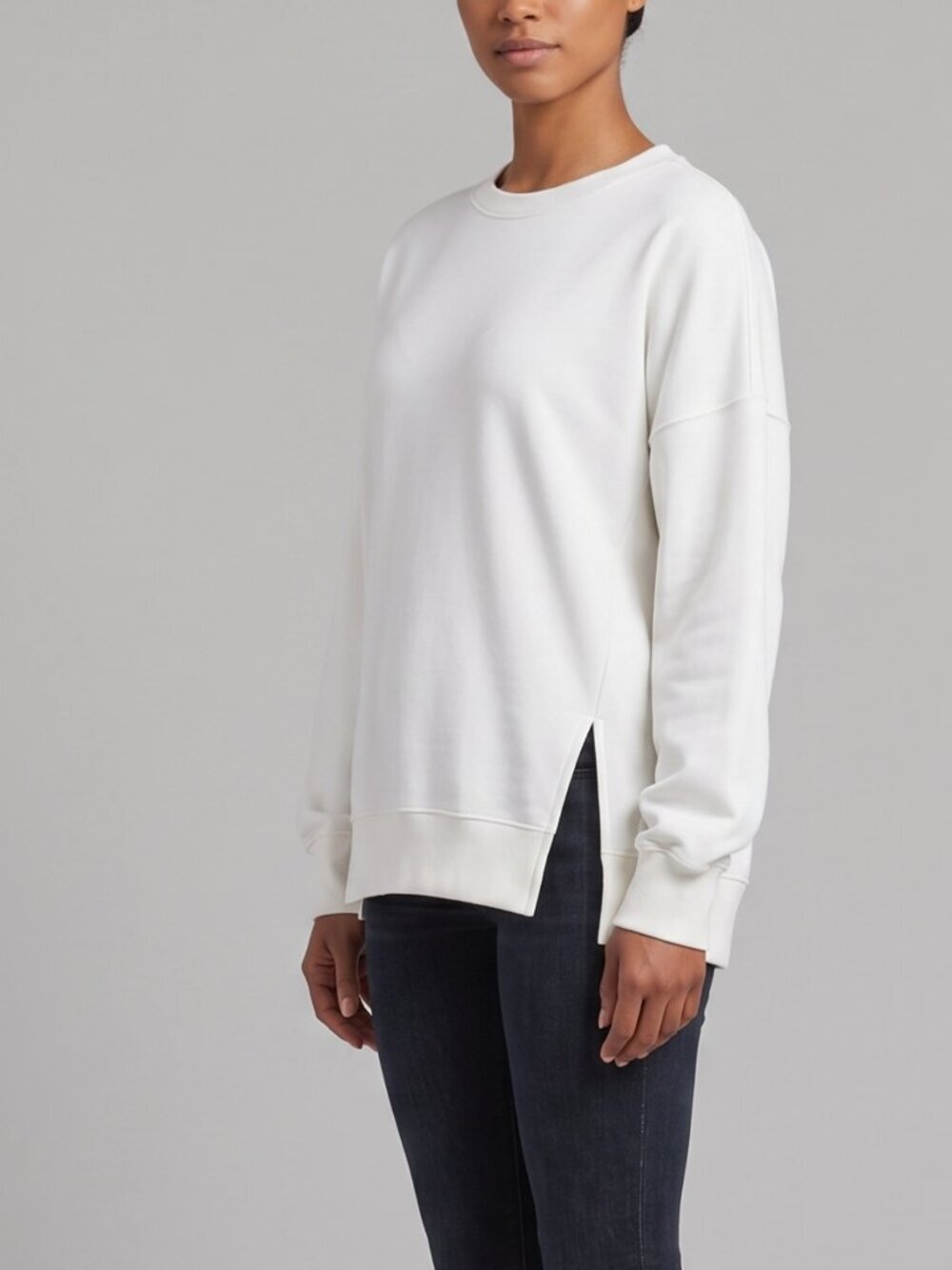 NWOT | Crisp White Oversized Boxy Fleece Crewneck Sweater | Side Slits | Large